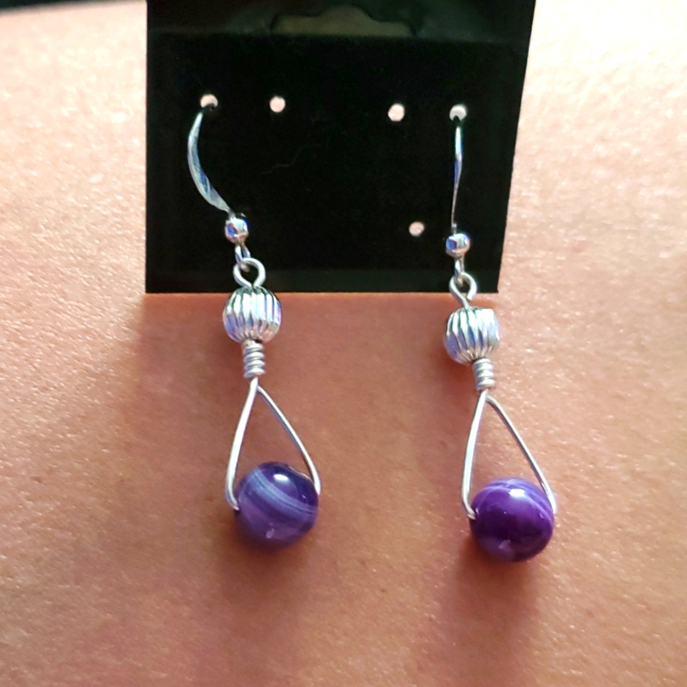 Handmade Wire Wrapped Amethyst Bead Dangle Earrings Silver Plated 1.5" New